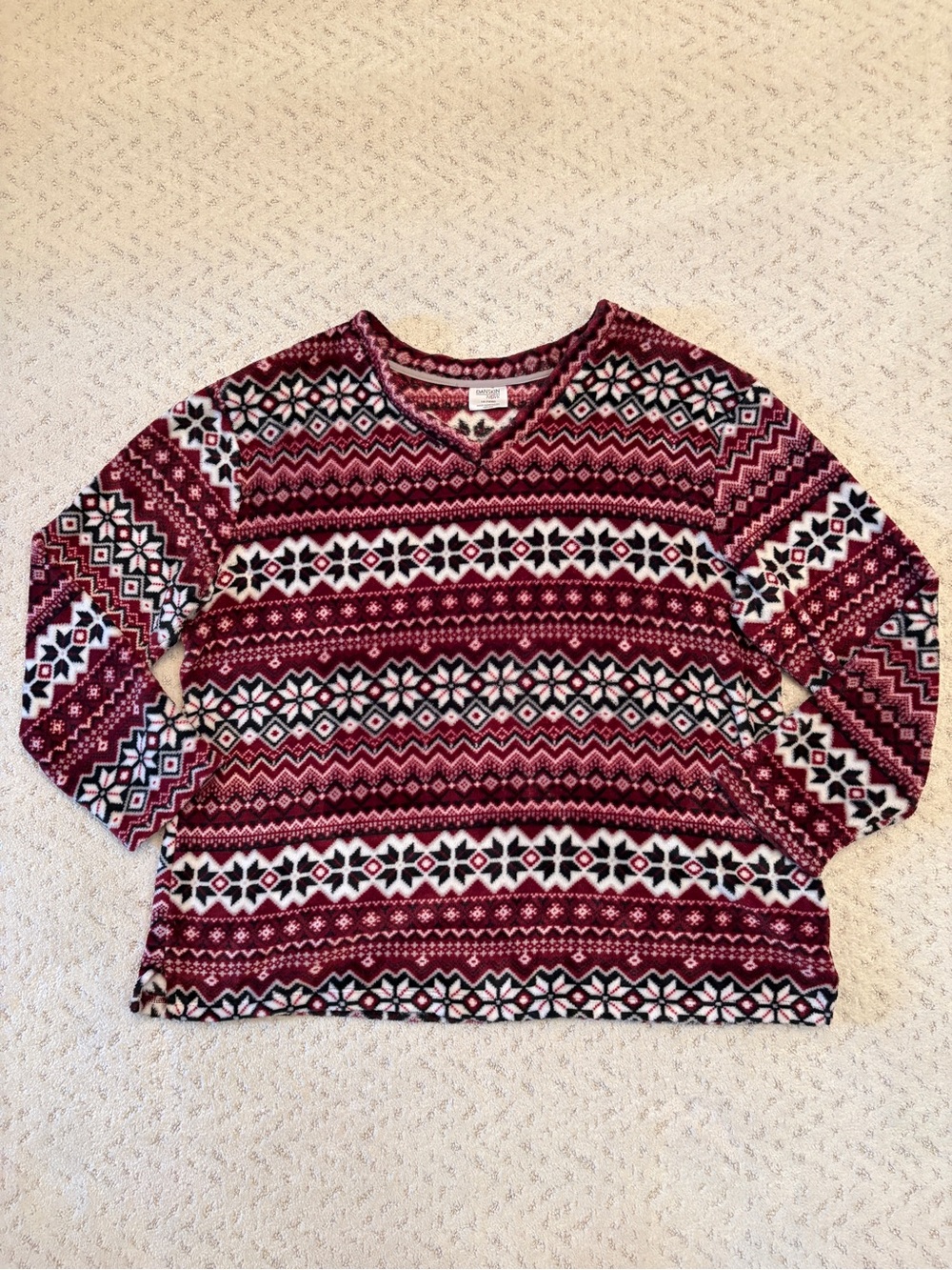 Danskin Now Fleece Fair Isle Top Size 1X 16W Burgundy Purple V Neck Soft Plush